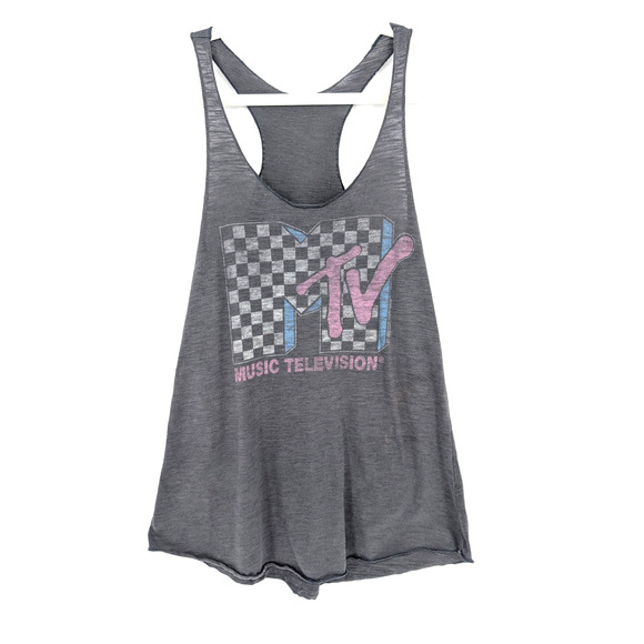 Junk Food Womens MTV Distressed Gray Graphic Tank 90s Y2K Grunge Alternative Med - Picture 1 of 4